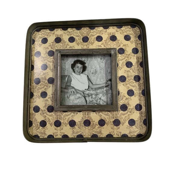 Photo Frame Galvanized Metal Navy Dots Cream Toile 3.5x3.5 Photo 7.5x7.5 Frame - Picture 1 of 4